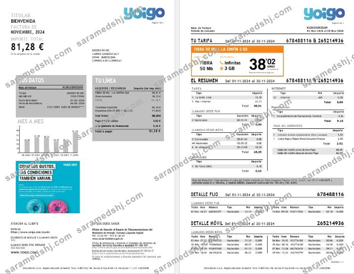 Spain Yoigo internet business utility bill in Word and PDF formats, 3 pages